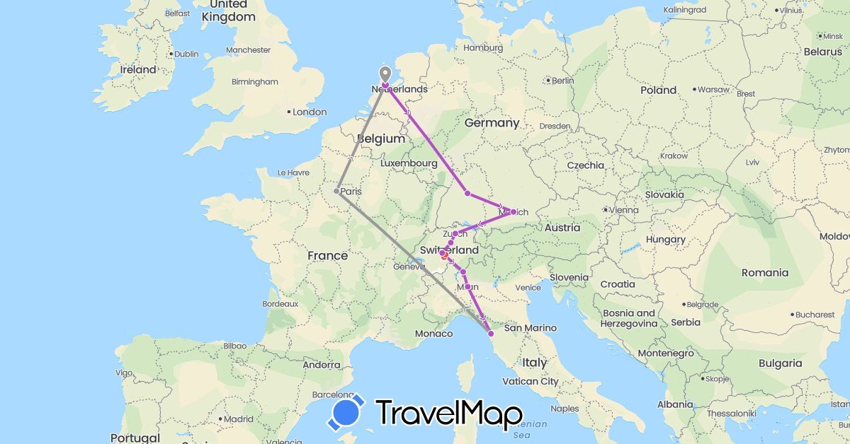 TravelMap itinerary: driving, plane, train, hiking in Switzerland, Germany, France, Italy, Netherlands (Europe)