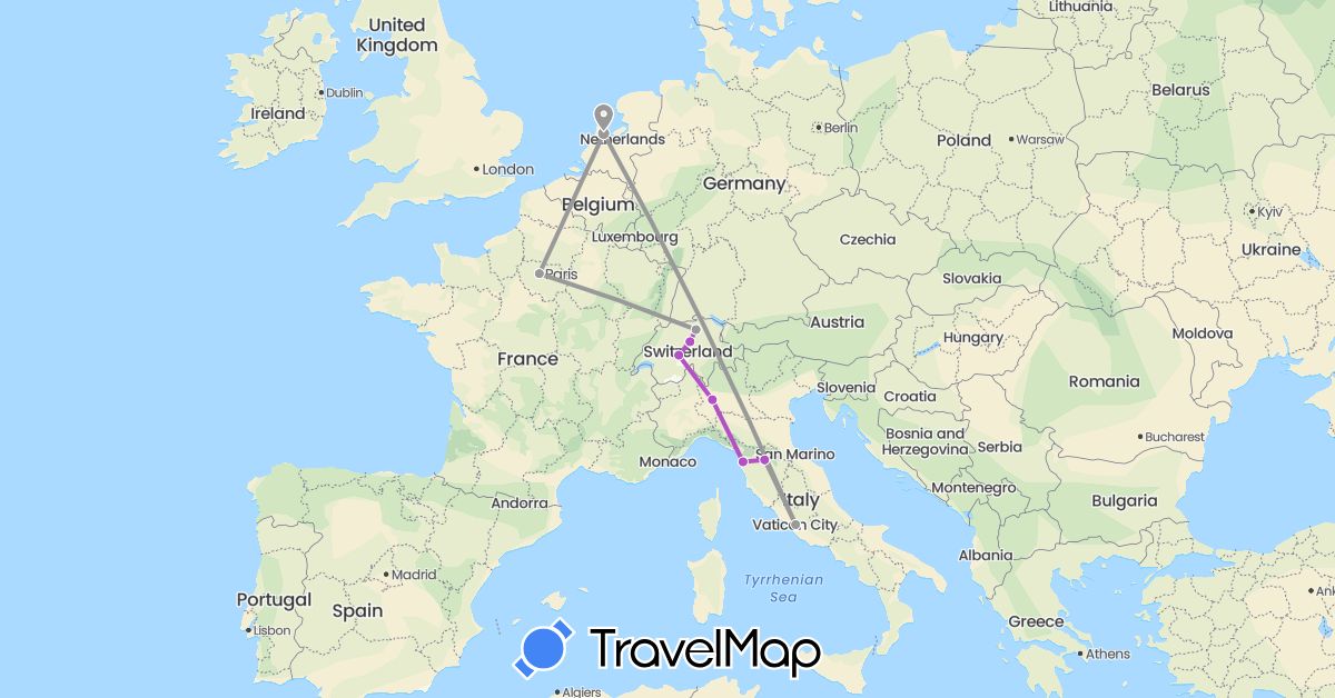 TravelMap itinerary: driving, plane, train in Switzerland, France, Italy, Netherlands (Europe)